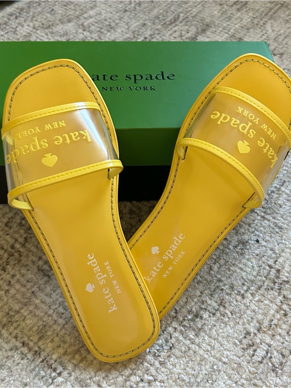 kate spade Yellow Slide Sandals with Clear Logo Strap